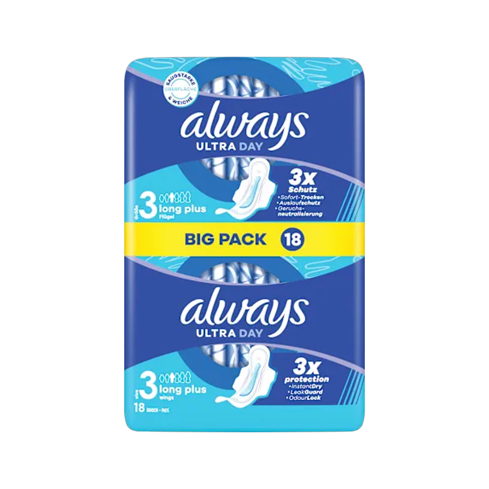 Always Ultra-Binden Day Long Plus 3 Mit Flügeln, Big Pack, 18 St